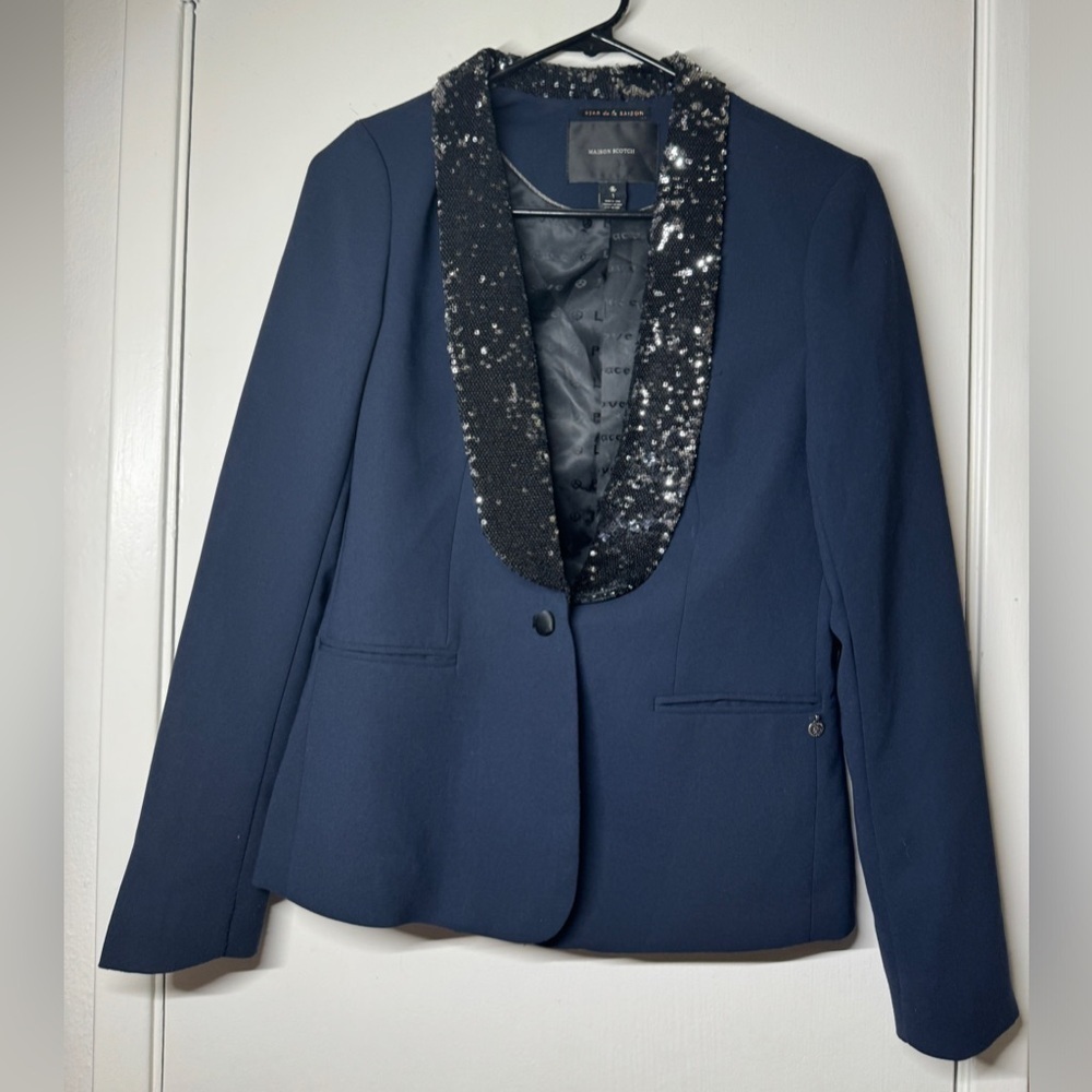 Maison Scotch Navy Blue Black Sequin Single Button Closure Tuxedo Blazer Size 1